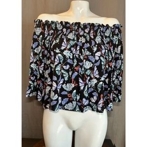 Y2K Free People Women’s Off Shoulder Top Floral Butterfly Print Size Small